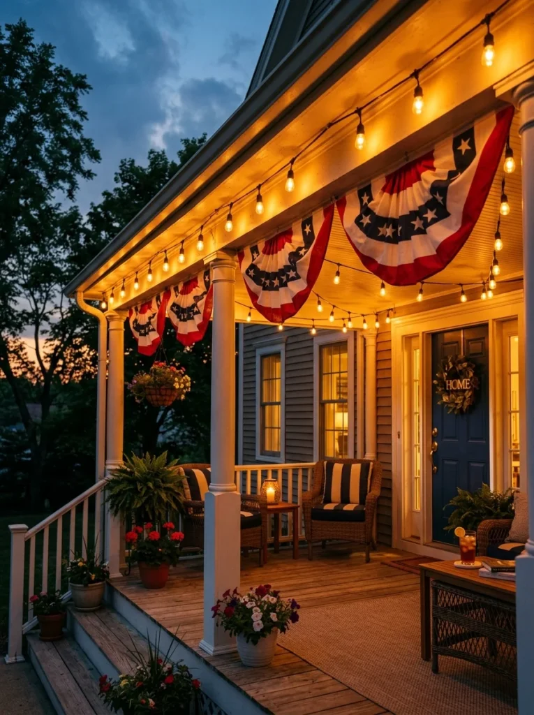 String lights and mini flag garland on front porch at twilight