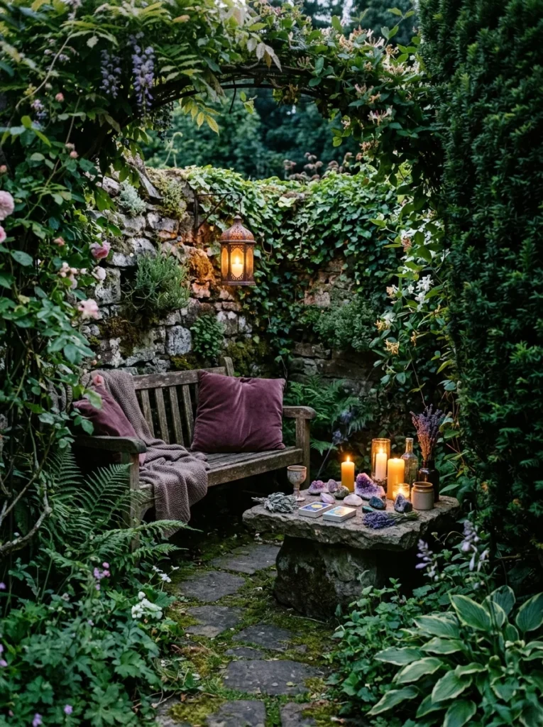 secluded witchy garden altar nook with stone bench lantern crystals and climbing ivy