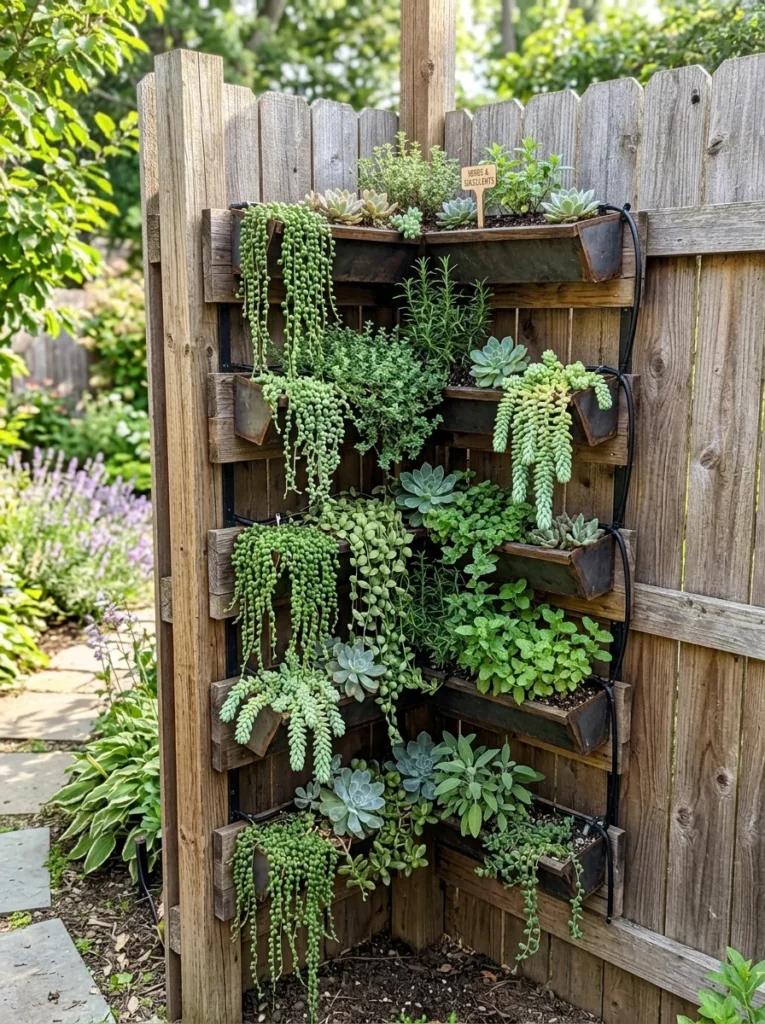 Corner vertical garden wall with mounted planters and trailing plants