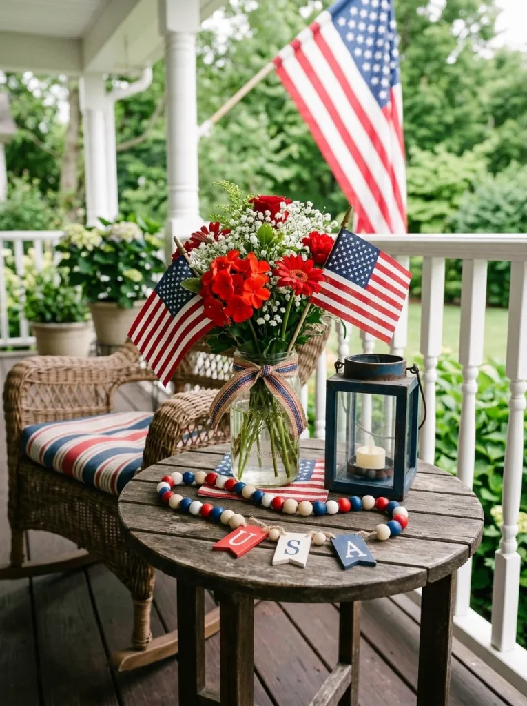 Patriotic porch table vignette with mason jar flowers and flag