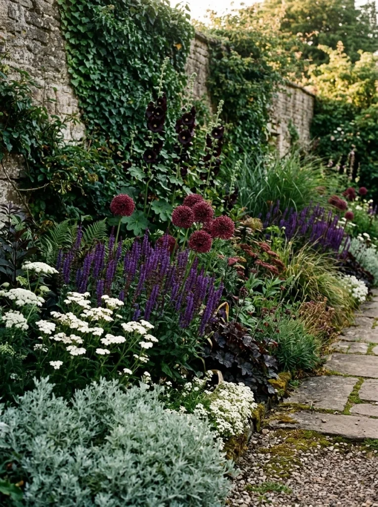 dark moody witchy garden bed with purple salvia burgundy allium black hollyhock and silver artemisia
