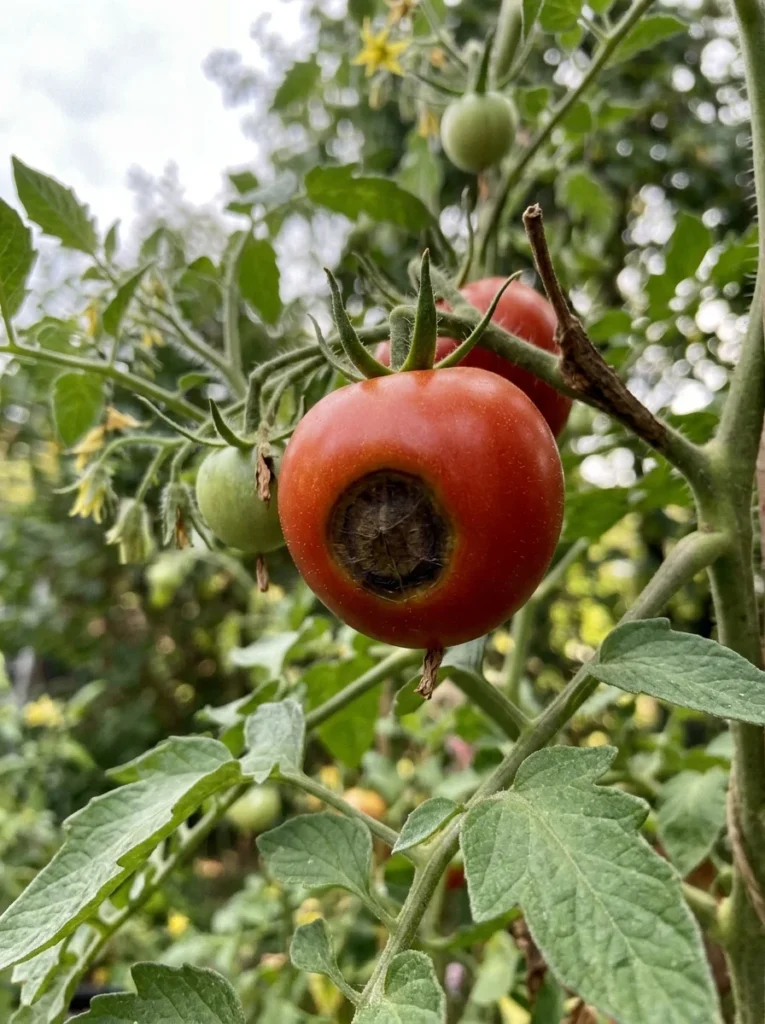 Tomato with blossom end rot on the bottom of the fruit