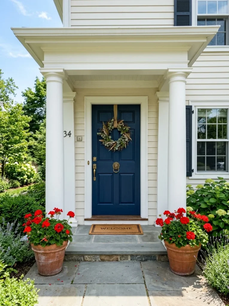 Navy blue front door with white columns and red geraniums
