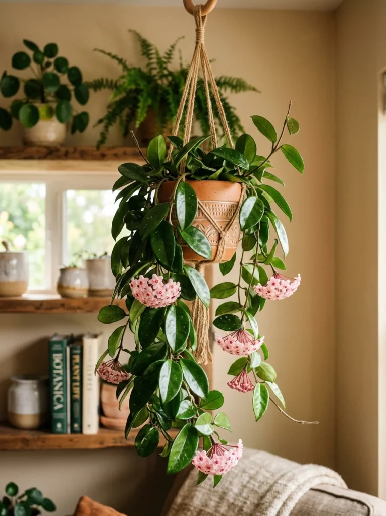 Hoya carnosa with waxy flowers and leaves in a hanging pot — beginner flowering vine
