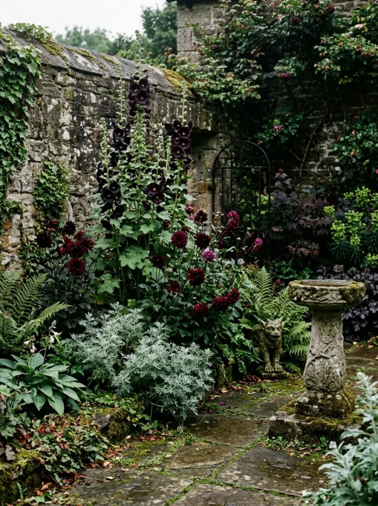 Witchy cottage garden corner with dark flowers and stone ornaments