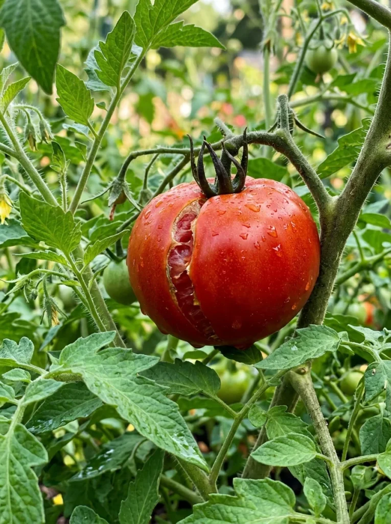 Ripe tomato with a split skin from uneven watering