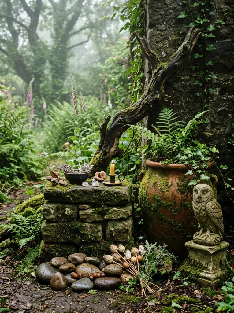 witchy garden with weathered stone moss covered terracotta pots owl statue and found natural objects