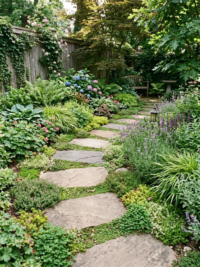 Corner garden with stepping stone path and groundcovers