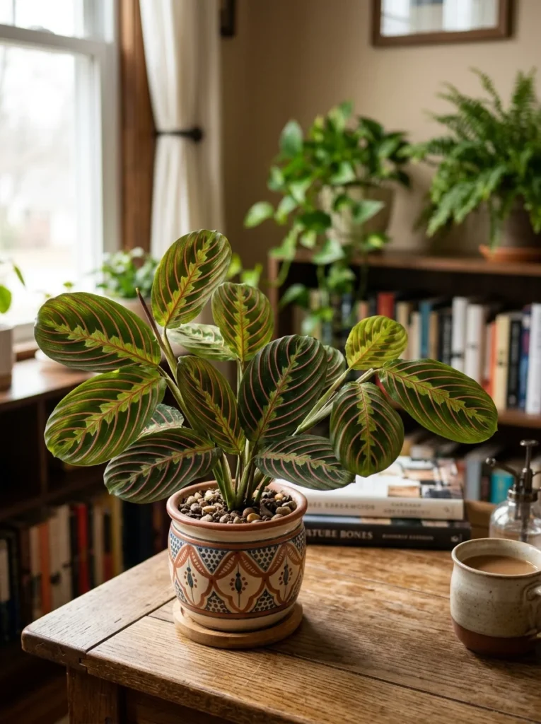 Prayer plant with red-veined patterned leaves — decorative beginner houseplant 
