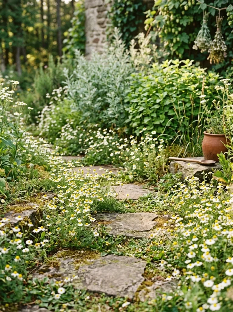 chamomile flowers growing between stepping stones in witchy herb garden enchanted meadow style