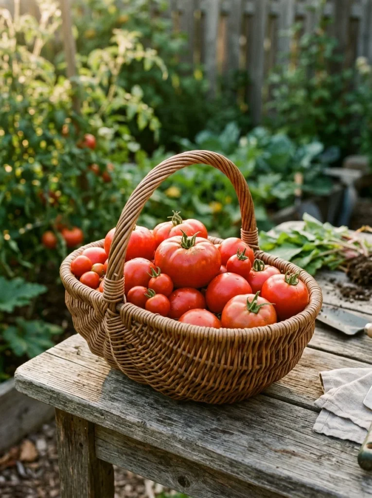 Freshly harvested ripe tomatoes in a wicker basket