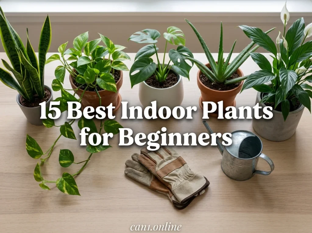 Collage of best indoor plants for beginners including snake plant, pothos, and monstera