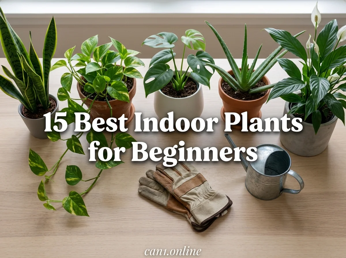 Collage of best indoor plants for beginners including snake plant, pothos, and monstera