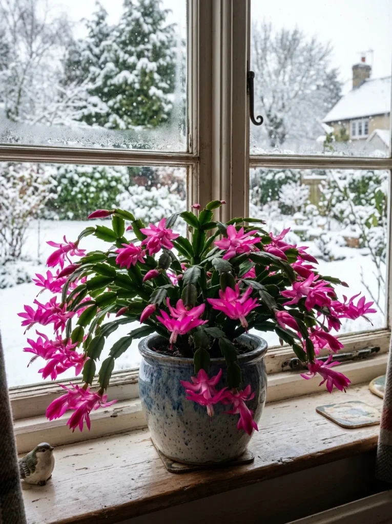 Blooming Christmas cactus with pink flowers — easy flowering beginner plant
