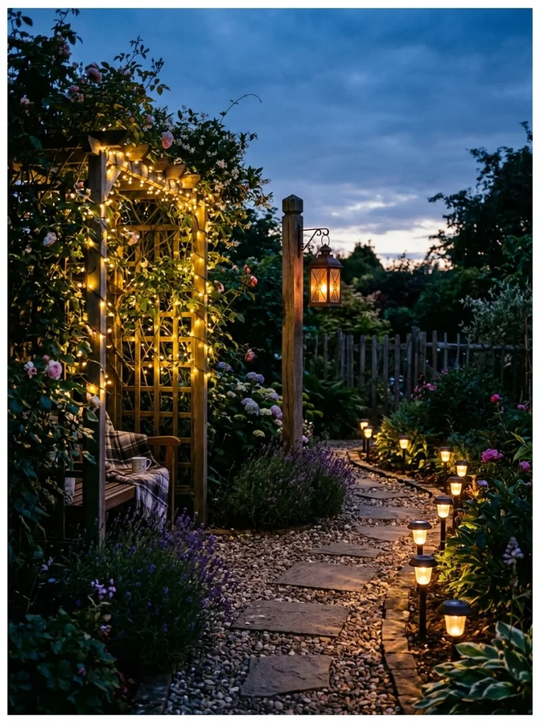 Corner garden with string lights trellis and solar stake lights at dusk