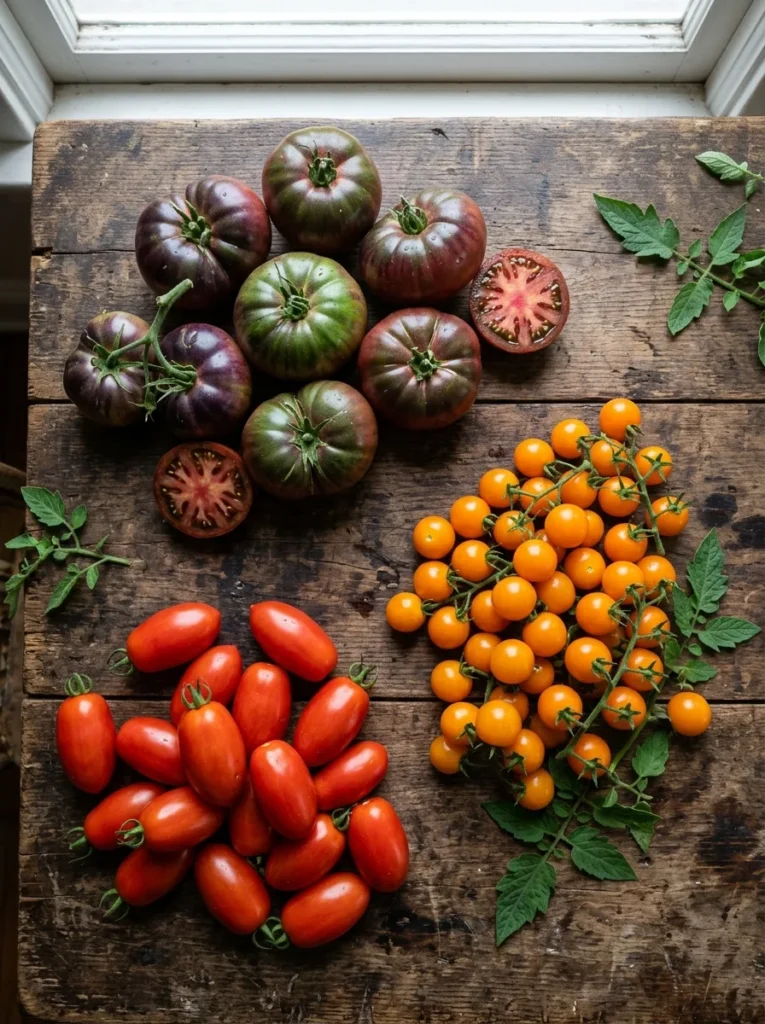 Different tomato varieties for home gardens arranged together