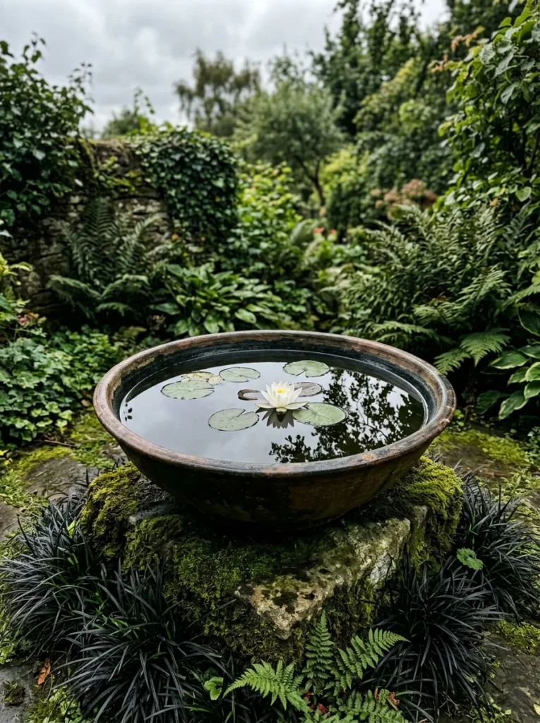 witchy garden scrying bowl water feature with dark ceramic bowl floating lotus and lily pad reflection