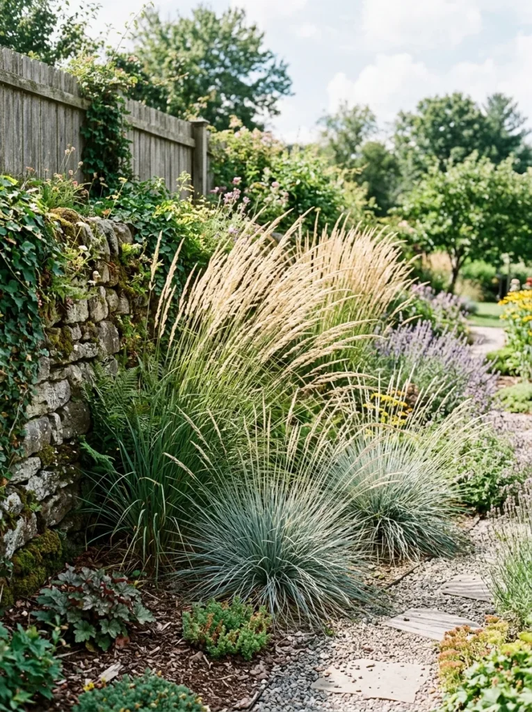 Corner garden with Karl Foerster feather reed grass and blue oat grass