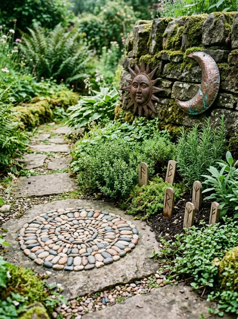 witchy garden symbol decor with spiral stone mosaic rune stakes crescent moon plaque and iron sun face