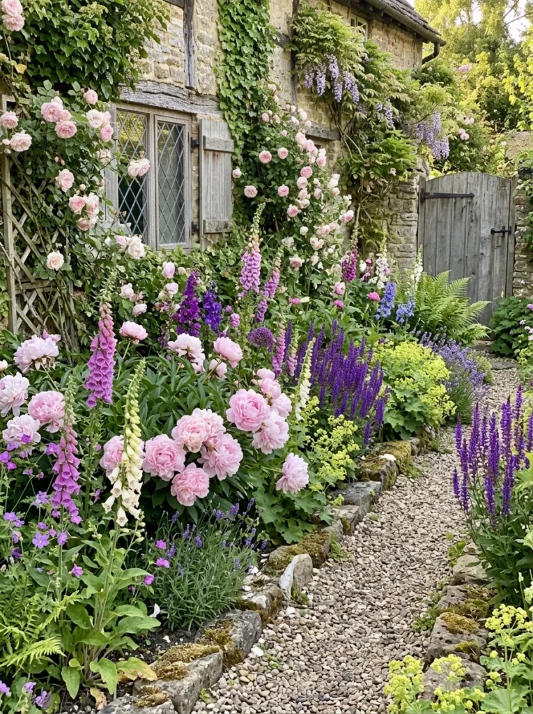 Cottage garden corner with peonies foxglove and roses