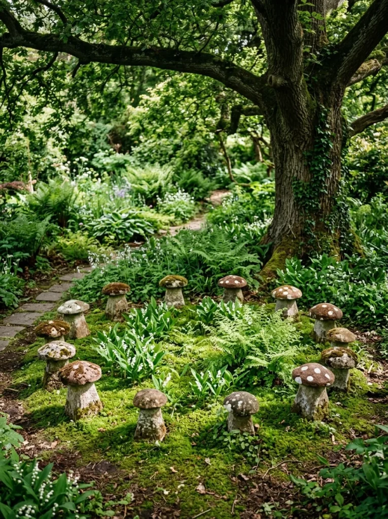 witchy garden fairy ring with mushroom stone stools moss carpet and lily of the valley under tree