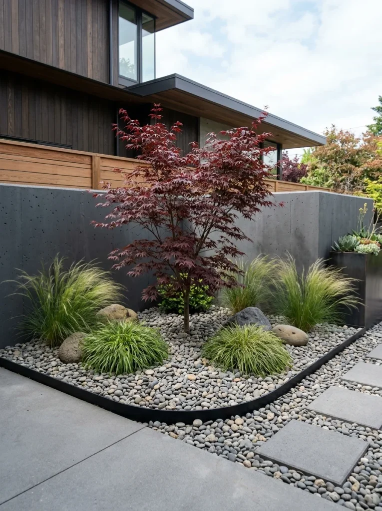 Low maintenance corner garden with Japanese maple and river rock mulch