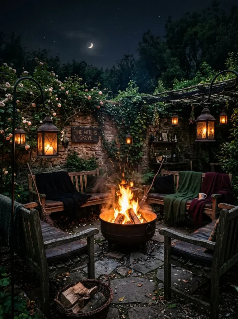 witchy garden cauldron fire pit with iron lanterns climbing roses and weathered wood benches at night