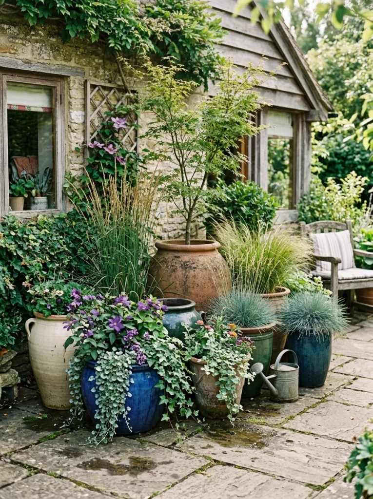 Corner container garden with large decorative pots and trailing plants