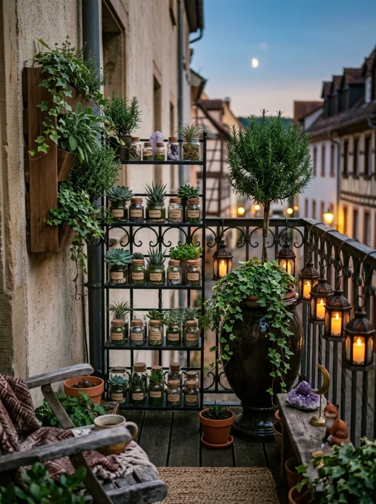 small witchy balcony garden with spell jar planters vertical herb wall dark glazed urn and lanterns