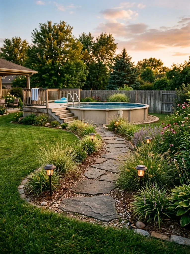stepping stone walkway to above ground pool with ornamental grasses and solar lights