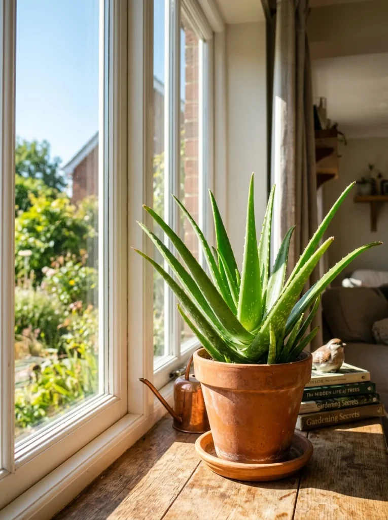 Aloe vera plant receiving bright indirect sunlight near a window