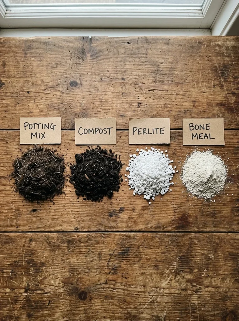 Hollyhock potting mix ingredients including compost, perlite and potting soil on a wooden table