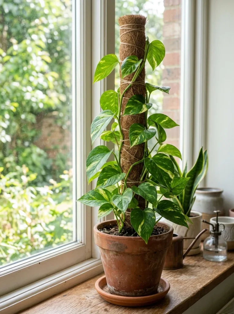 coir pole pothos in terracotta pot