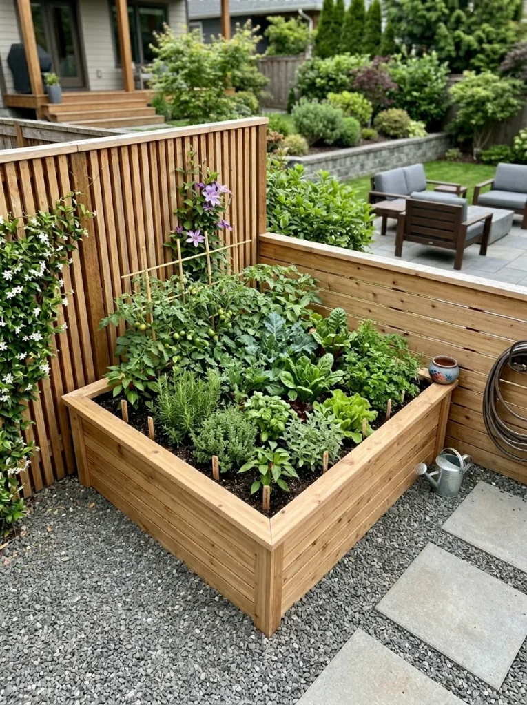 Corner raised bed ideas with cedar wood in a backyard