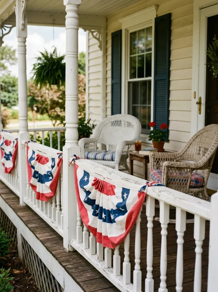 Red white and blue bunting draped on porch railing
