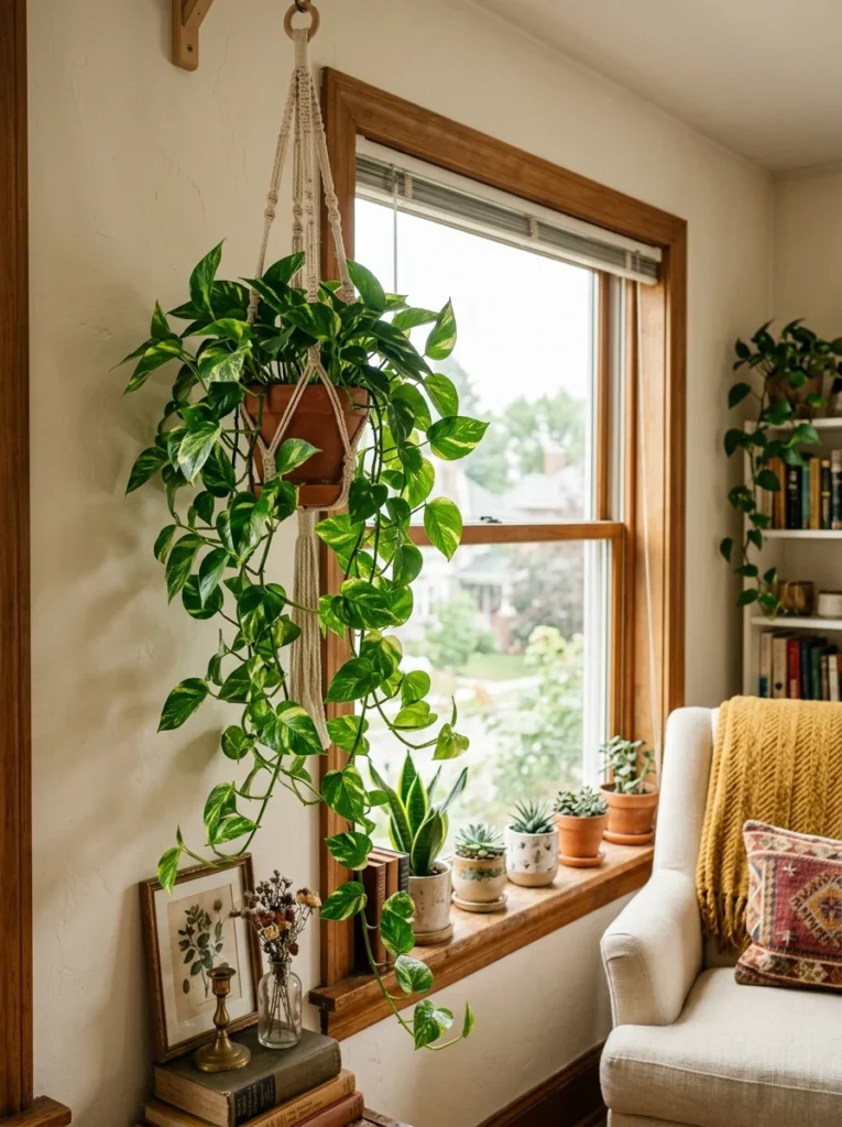 Trailing pothos plant in a hanging basket — easy indoor plant for beginners 
