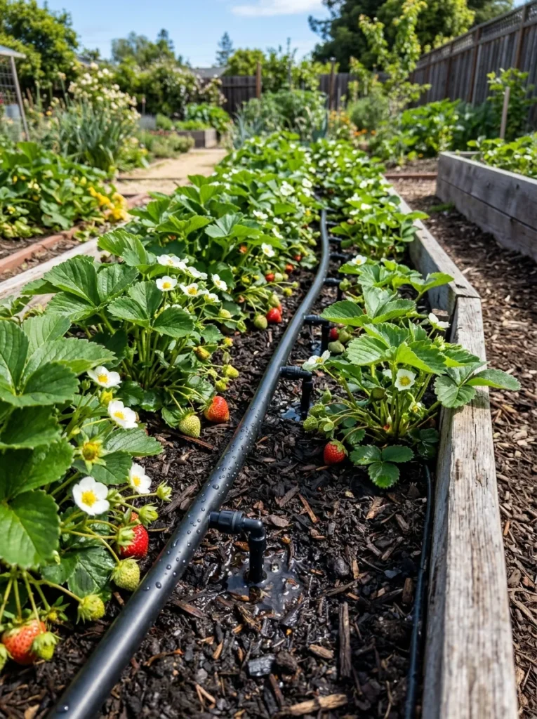 Drip irrigation for strawberry plants in raised bed