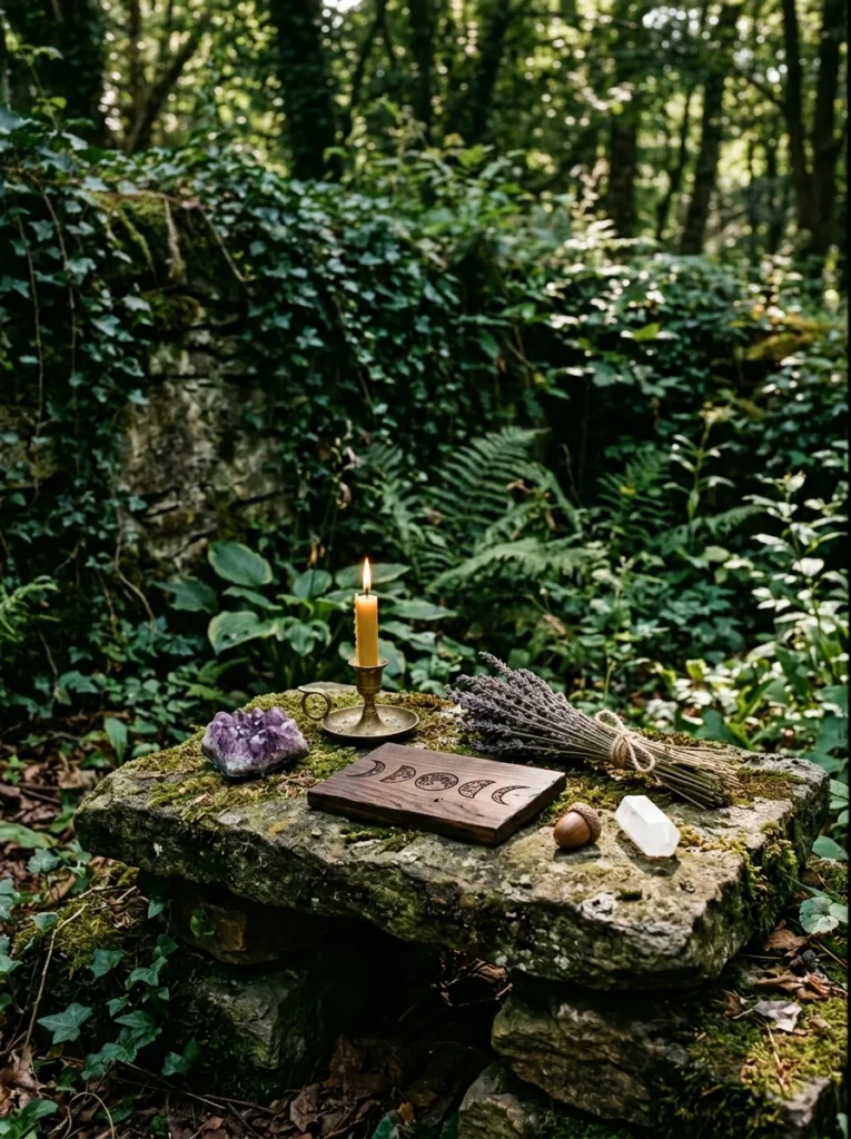 garden altar ideas with amethyst crystals candles and dried herbs for witchy garden
