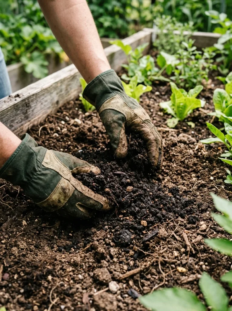 Mixing compost into soil before planting tomatoes