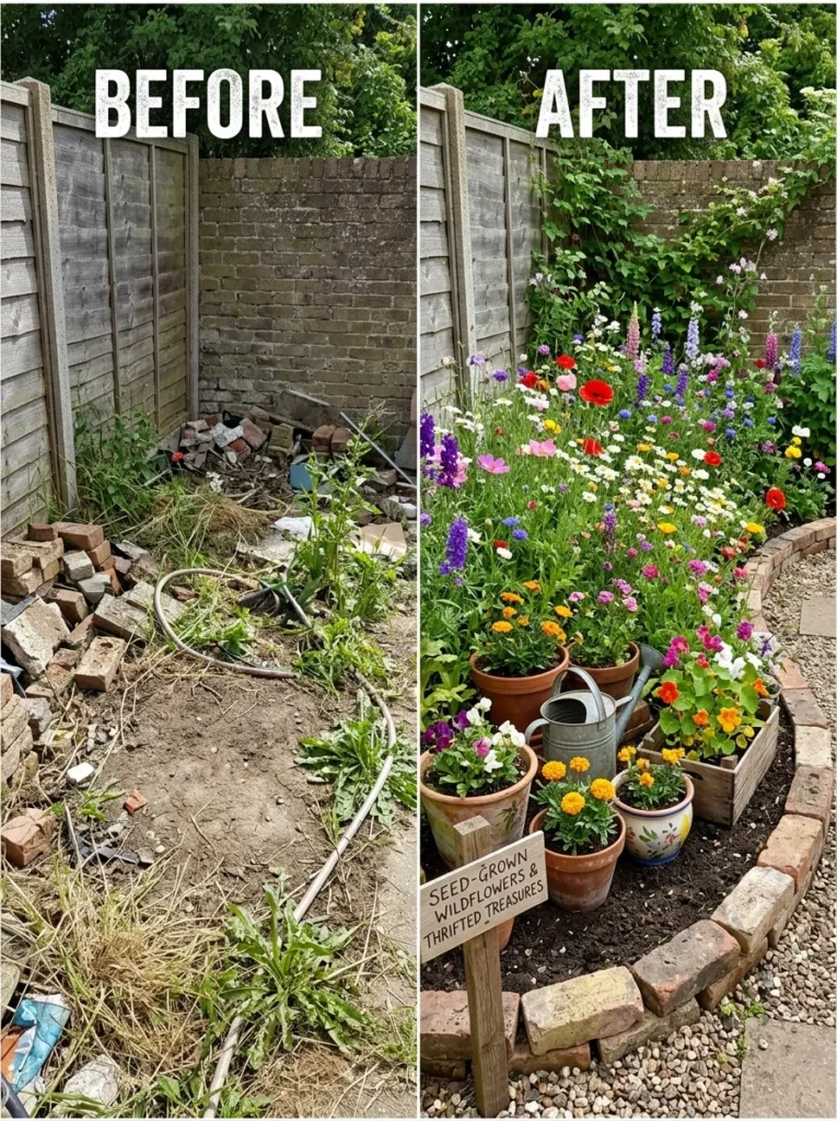 Budget corner garden makeover with salvaged bricks and wildflowers
