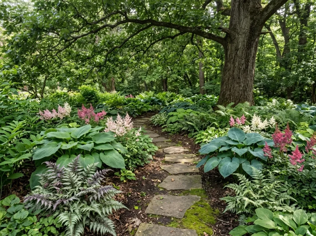shade garden ideas with hostas ferns and stone path