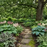 shade garden ideas with hostas ferns and stone path