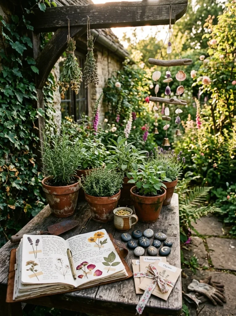 personal witchy garden with heirloom herb pots handmade wind chime painted stones and garden journal
