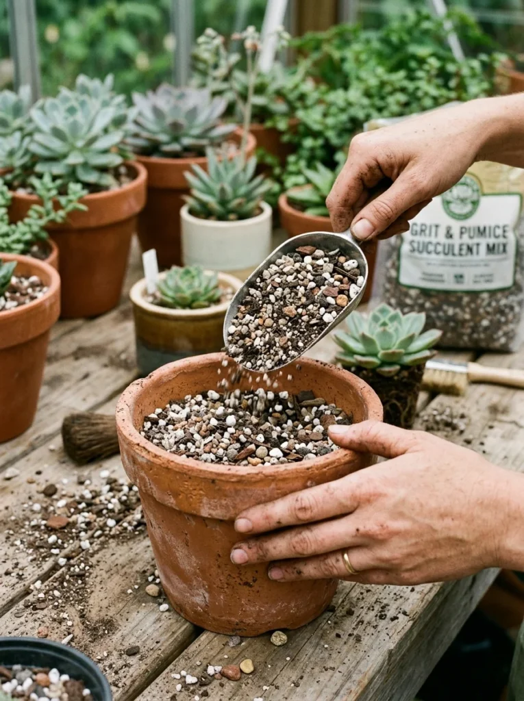 Filling a terracotta pot with succulent soil mix for aloe vera repotting