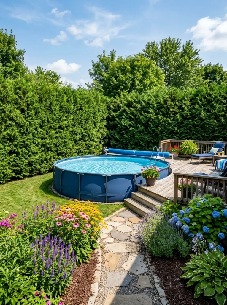 above ground pool privacy landscaping with arborvitae shrubs and flower beds