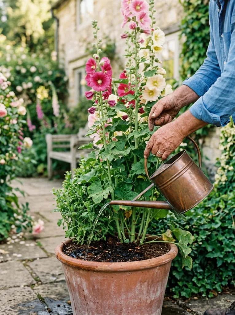 Watering potted hollyhocks at the base with a long-spout watering can on a sunny patio