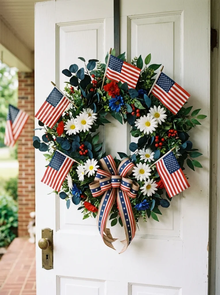 Patriotic wreath with red white blue ribbon on white front