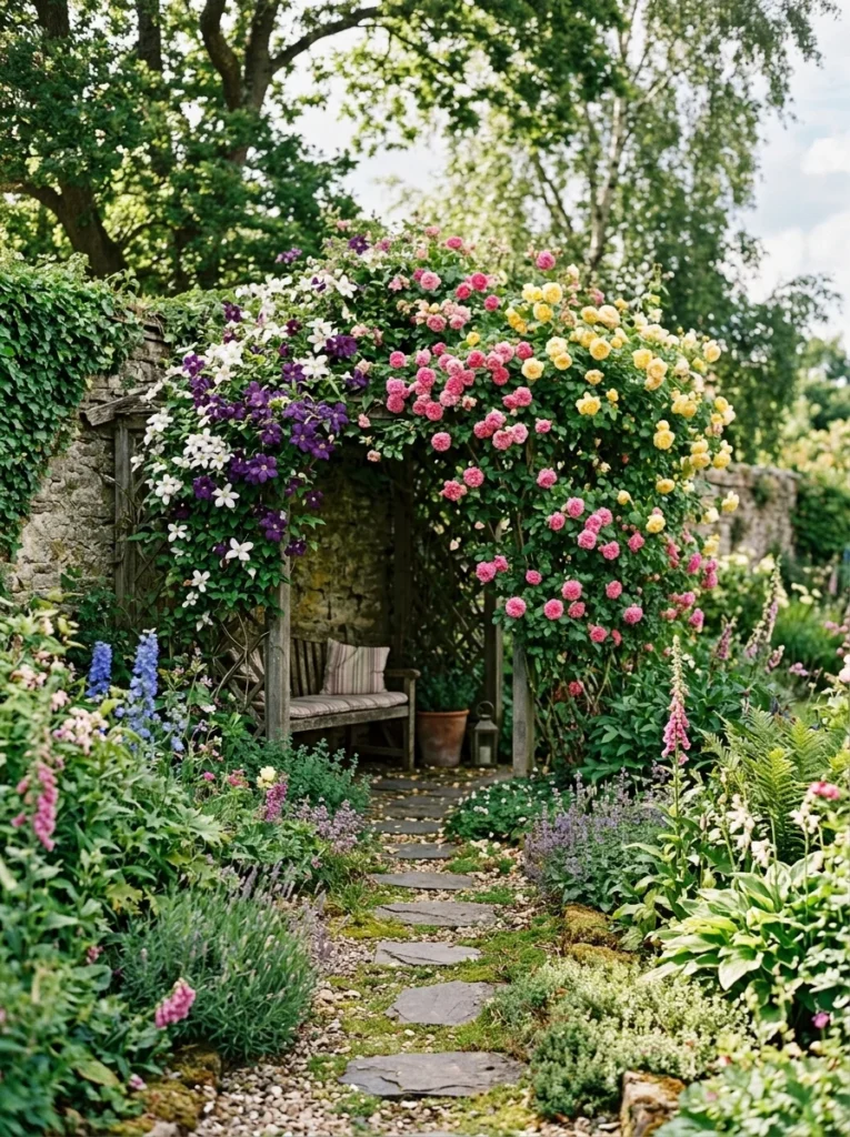 Corner garden trellis with climbing roses and clematis