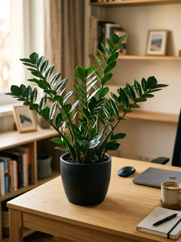 ZZ plant on a desk — best beginner houseplant for low light and low maintenance  