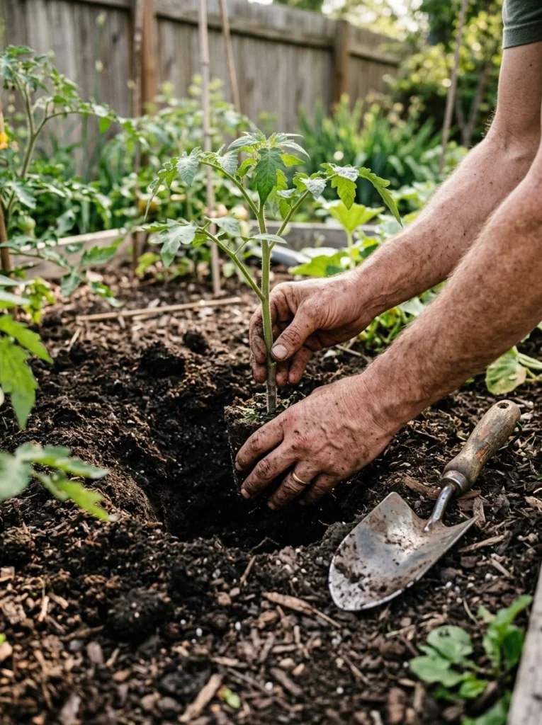 Planting a tomato seedling deep into the soil